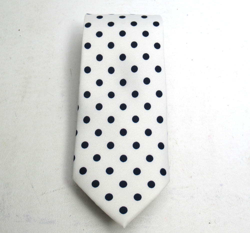 Puccini Neck Tie Men 58 in Microfiber White Navy Blue Small Polka Dots Classic